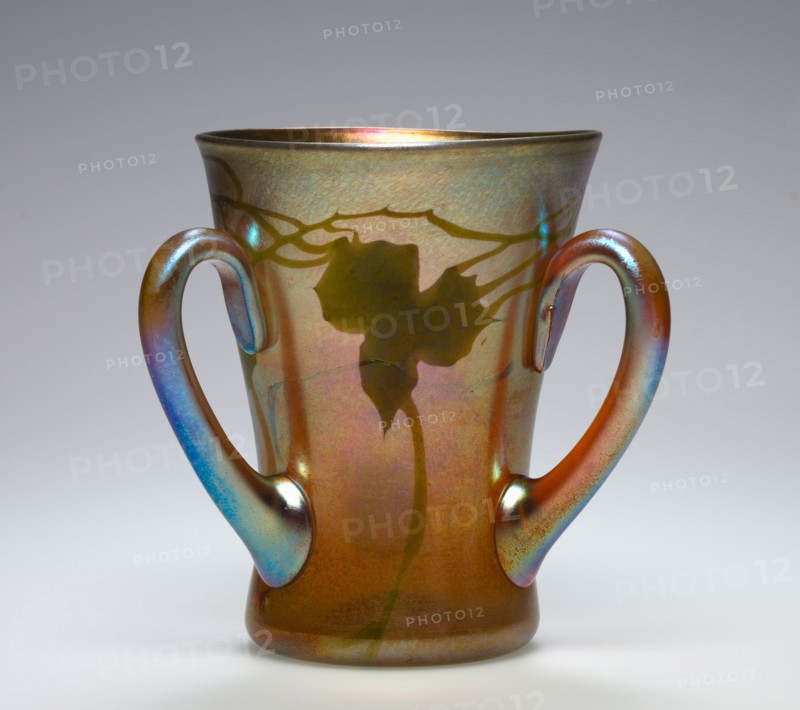 Three-Handled Vase, c. 1900. Louis Comfort Tiffany (American, 1848-1933). Favrile glass; diameter: 15.3 cm (6 in.); overall: 19.7 x 19.7 cm (7 3/4 x 7 3/4 in.).