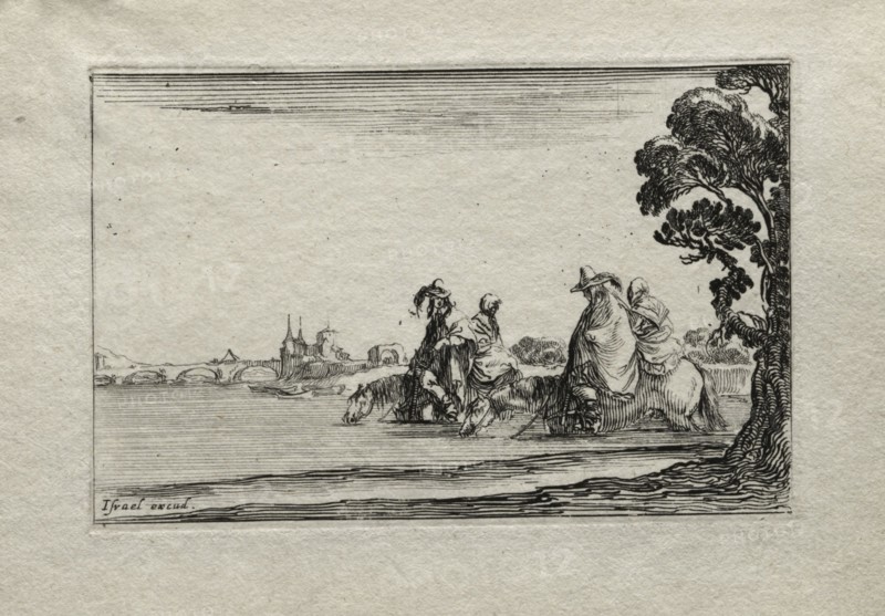 Caprices:  Cavaliers Watering their Horses in a River. Stefano Della Bella (Italian, 1610-1664). Etching