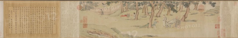 Zhao Mengfu Writing the Heart (Hridaya) Sutra in Exchange for Tea, 1542-43. Qiu Ying (Chinese, 1494-1552). Handscroll, ink and light color on paper; image: 20.6 x 78.3 cm (8 1/8 x 30 13/16 in.); overall: 21.1 x 553.6 cm (8 5/16 x 217 15/16 in.).