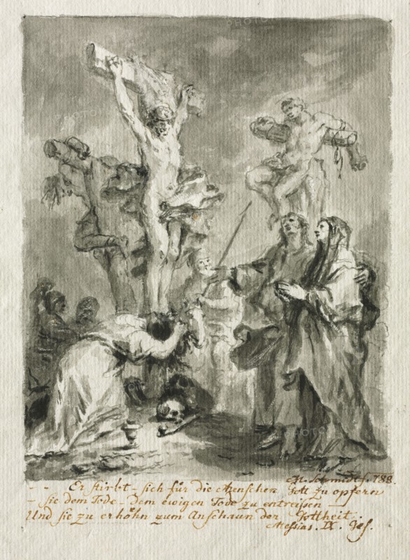 The Crucifixion, 1788. Martin Johann Schmidt (Austrian, 1718-1801). Brush and gray ink and gray wash with black chalk;