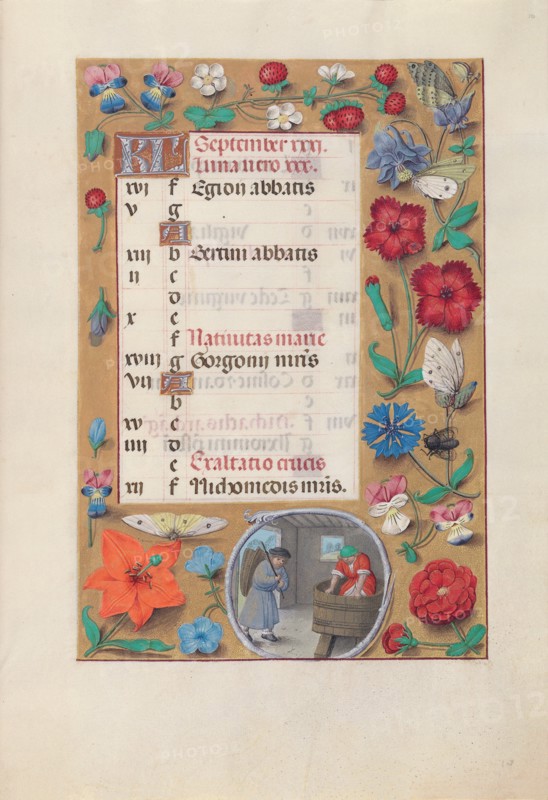 Hours of Queen Isabella the Catholic, Queen of Spain:  Fol. 10r, September, c. 1500. And associates Master of the First Prayerbook of Maximillian (Flemish, c. 1444-1519). Ink, tempera, and gold on vellum; codex: 22.5 x 15.2 cm (8 7/8 x 6 in.)