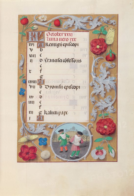 Hours of Queen Isabella the Catholic, Queen of Spain:  Fol. 11r, October, c. 1500. And associates Master of the First Prayerbook of Maximillian (Flemish, c. 1444-1519). Ink, tempera, and gold on vellum; codex: 22.5 x 15.2 cm (8 7/8 x 6 in.)