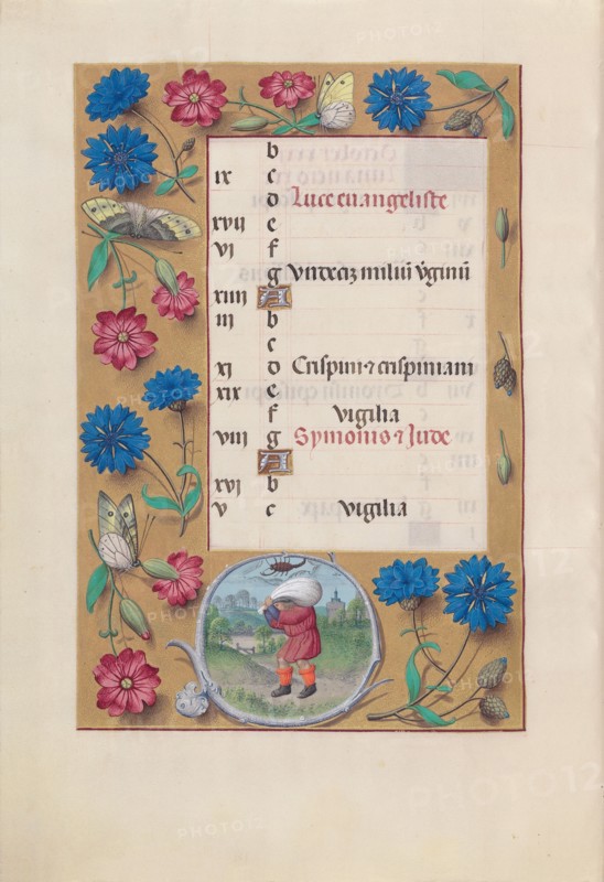 Hours of Queen Isabella the Catholic, Queen of Spain:  Fol. 11v, October, c. 1495-1500. And associates Master of the First Prayerbook of Maximillian (Flemish, c. 1444-1519). Ink, tempera, and gold on vellum; codex: 22.5 x 15.2 cm (8 7/8 x 6 in.).