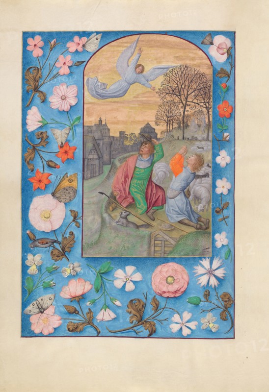 Hours of Queen Isabella the Catholic, Queen of Spain:  Fol. 131v, Annunciation to the Shepherds, c. 1495-1500. And associates Master of the First Prayerbook of Maximillian (Flemish, c. 1444-1519). Ink, tempera, and gold on vellum; codex: 22.5 x 15.2 cm (8 7/8 x 6 in.).
