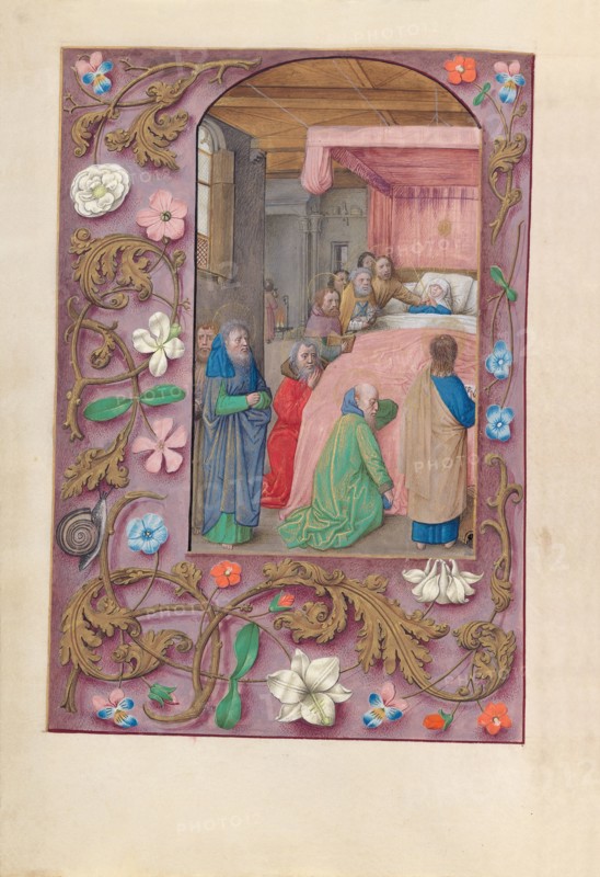 Hours of Queen Isabella the Catholic, Queen of Spain:  Fol. 154v, Death of the Virgin, c. 1495-1500. And associates Master of the First Prayerbook of Maximillian (Flemish, c. 1444-1519). Ink, tempera, and gold on vellum; codex: 22.5 x 15.2 cm (8 7/8 x 6 in.).