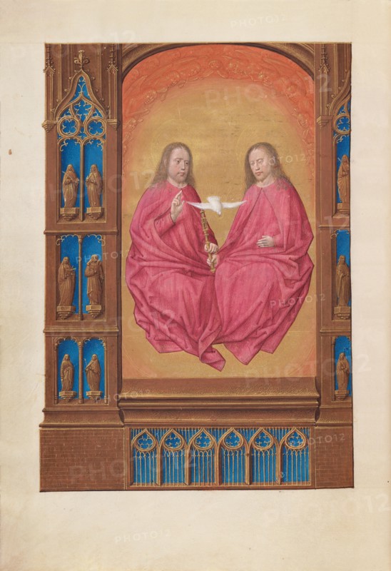 Hours of Queen Isabella the Catholic, Queen of Spain:  Fol. 17v, The Trinity, c. 1495-1500. And associates Master of the First Prayerbook of Maximillian (Flemish, c. 1444-1519). Ink, tempera, and gold on vellum; codex: 22.5 x 15.2 cm (8 7/8 x 6 in.).