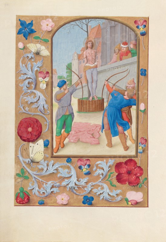 Hours of Queen Isabella the Catholic, Queen of Spain:  Fol. 177v, St. Sebastian, c. 1495-1500. And associates Master of the First Prayerbook of Maximillian (Flemish, c. 1444-1519). Ink, tempera, and gold on vellum; codex: 22.5 x 15.2 cm (8 7/8 x 6 in.).