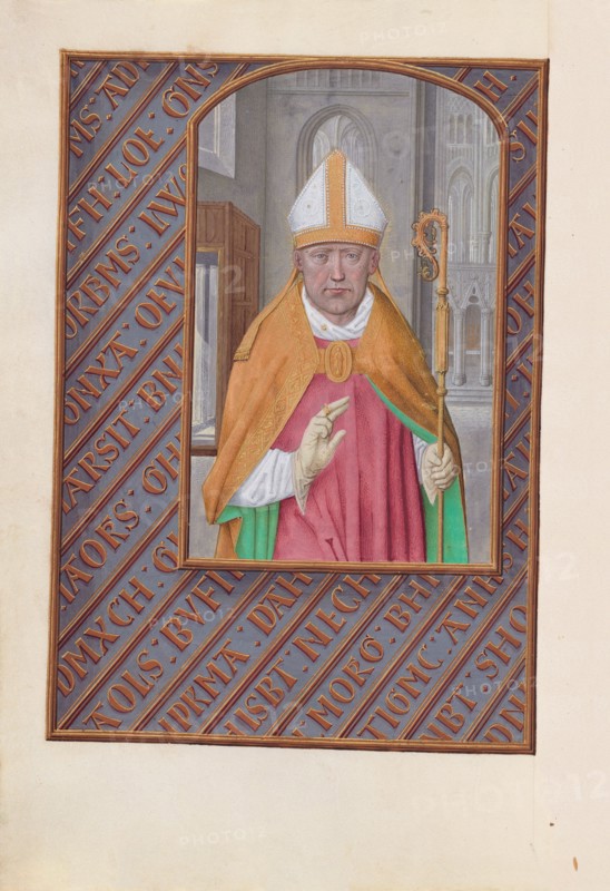 Hours of Queen Isabella the Catholic, Queen of Spain:  Fol. 183v, St. Nicholas, c. 1495-1500. And associates Master of the First Prayerbook of Maximillian (Flemish, c. 1444-1519). Ink, tempera, and gold on vellum; codex: 22.5 x 15.2 cm (8 7/8 x 6 in.).
