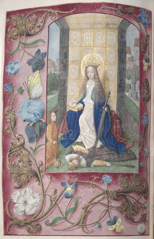 Hours of Queen Isabella the Catholic, Queen of Spain:  Fol. 189v, St. Catherine, c. 1500. And associates Master of the First Prayerbook of Maximillian (Flemish, c. 1444-1519). Ink, tempera, and gold on vellum; codex: 22.5 x 15.2 cm (8 7/8 x 6 in.)