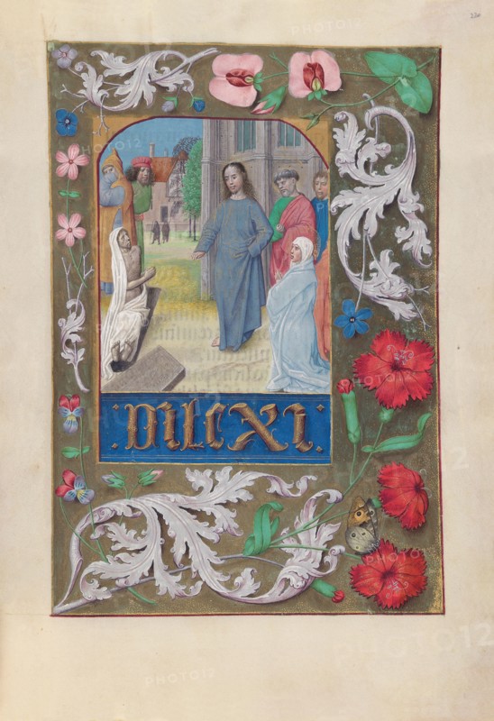 Hours of Queen Isabella the Catholic, Queen of Spain:  Fol. 220r,  Raising of Lazarus, c. 1500. And associates Master of the First Prayerbook of Maximillian (Flemish, c. 1444-1519). Ink, tempera, and gold on vellum; codex: 22.5 x 15.2 cm (8 7/8 x 6 in.)