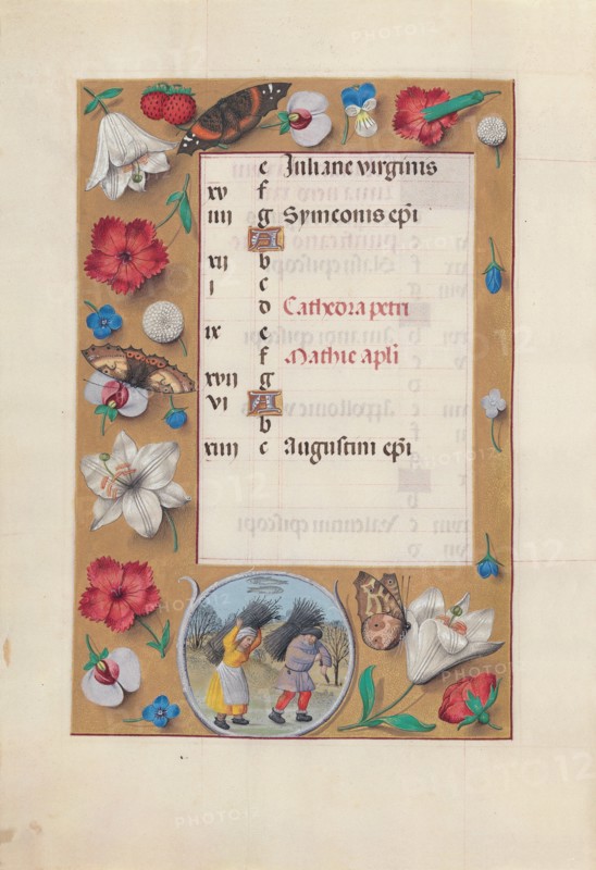 Hours of Queen Isabella the Catholic, Queen of Spain:  Fol. 3v, February, c. 1495-1500. And associates Master of the First Prayerbook of Maximillian (Flemish, c. 1444-1519). Ink, tempera, and gold on vellum; codex: 22.5 x 15.2 cm (8 7/8 x 6 in.).