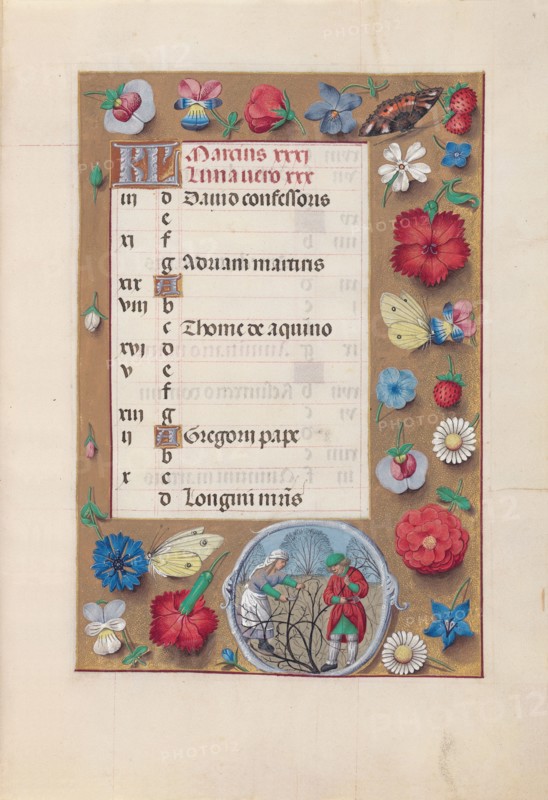 Hours of Queen Isabella the Catholic, Queen of Spain:  Fol. 4r, March, c. 1500. And associates Master of the First Prayerbook of Maximillian (Flemish, c. 1444-1519). Ink, tempera, and gold on vellum; codex: 22.5 x 15.2 cm (8 7/8 x 6 in.)