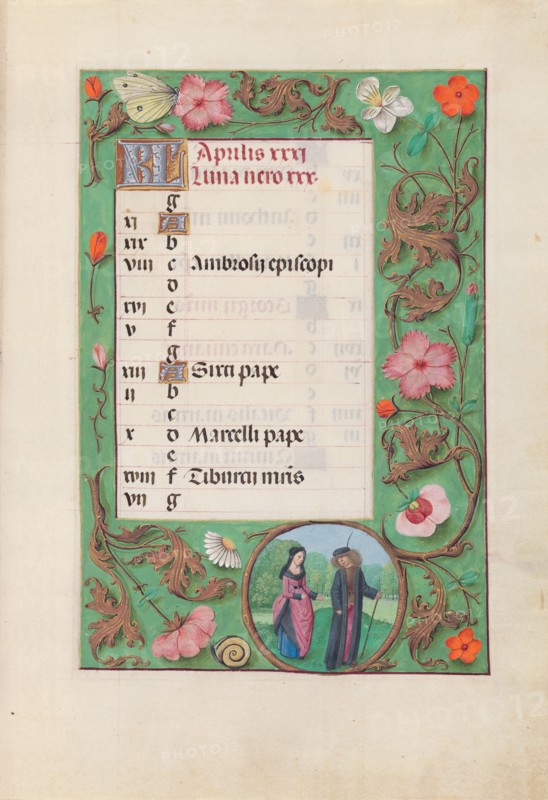 Hours of Queen Isabella the Catholic, Queen of Spain:  Fol. 5r, April - Squire and Damsel, c. 1500. And associates Master of the First Prayerbook of Maximillian (Flemish, c. 1444-1519). Ink, tempera, and gold on vellum; codex: 22.5 x 15.2 cm (8 7/8 x 6 in.)