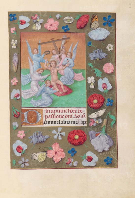 Hours of Queen Isabella the Catholic, Queen of Spain:  Fol. 50r, Infant Christ with Instruments of the Passion, c. 1495-1500. And associates Master of the First Prayerbook of Maximillian (Flemish, c. 1444-1519). Ink, tempera, and gold on vellum; codex: 22.5 x 15.2 cm (8 7/8 x 6 in.).