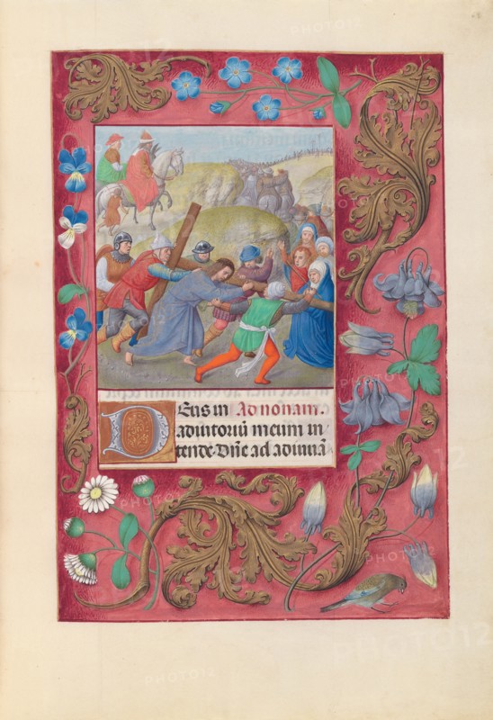 Hours of Queen Isabella the Catholic, Queen of Spain:  Fol. 69r, Christ Carrying the Cross, c. 1495-1500. And associates Master of the First Prayerbook of Maximillian (Flemish, c. 1444-1519). Ink, tempera, and gold on vellum; codex: 22.5 x 15.2 cm (8 7/8 x 6 in.).