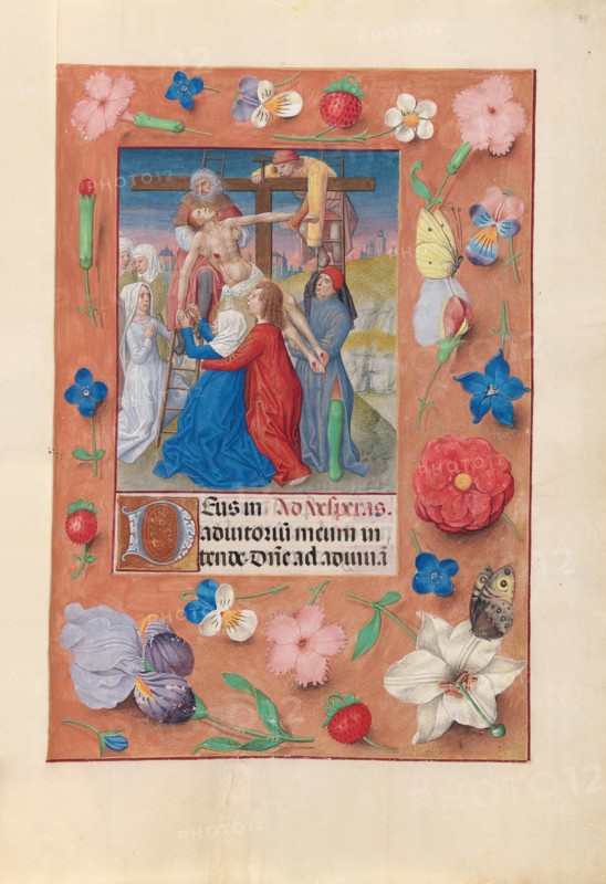 Hours of Queen Isabella the Catholic, Queen of Spain:  Fol. 73r, Descent from the Cross, c. 1500. And associates Master of the First Prayerbook of Maximillian (Flemish, c. 1444-1519). Ink, tempera, and gold on vellum; codex: 22.5 x 15.2 cm (8 7/8 x 6 in.)