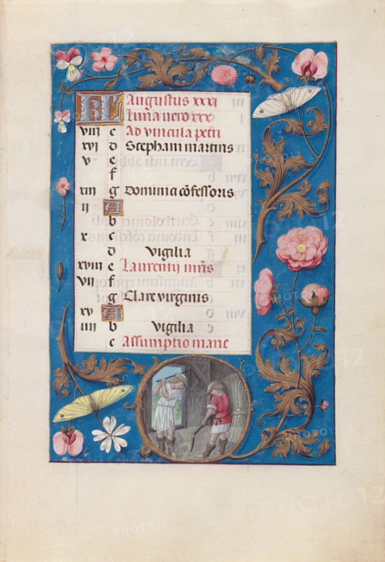 Hours of Queen Isabella the Catholic, Queen of Spain:  Fol. 9r, August - Threshing Wheat, c. 1500. And associates Master of the First Prayerbook of Maximillian (Flemish, c. 1444-1519). Ink, tempera, and gold on vellum; codex: 22.5 x 15.2 cm (8 7/8 x 6 in.)