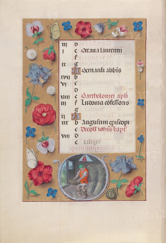 Hours of Queen Isabella the Catholic, Queen of Spain:  Fol. 9v, August, c. 1495-1500. And associates Master of the First Prayerbook of Maximillian (Flemish, c. 1444-1519). Ink, tempera, and gold on vellum; codex: 22.5 x 15.2 cm (8 7/8 x 6 in.).
