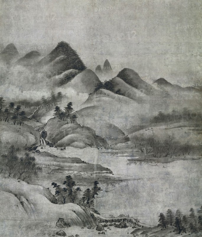 Landscape, 1500-1525. Soami (Japanese, d. 1525). Hanging scroll, ink on paper; image: 128.5 x 111.7 cm (50 9/16 x 44 in.); overall: 253 x 137.8 cm (99 5/8 x 54 1/4 in.).