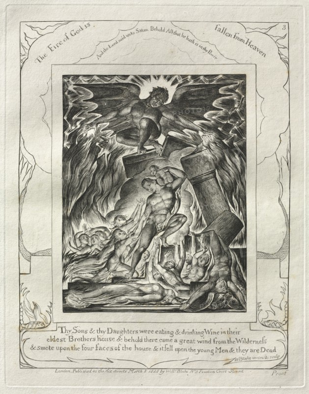 The Book of Job:  Pl. 3, Thy Sons and thy Daughters were eating and drinking Wine in their / eldest Brothers house, 1825. William Blake (British, 1757-1827). Engraving