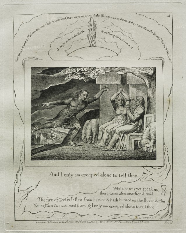 The Book of Job:  Pl. 4, And I only am escaped alone to tell thee, 1825. William Blake (British, 1757-1827). Engraving