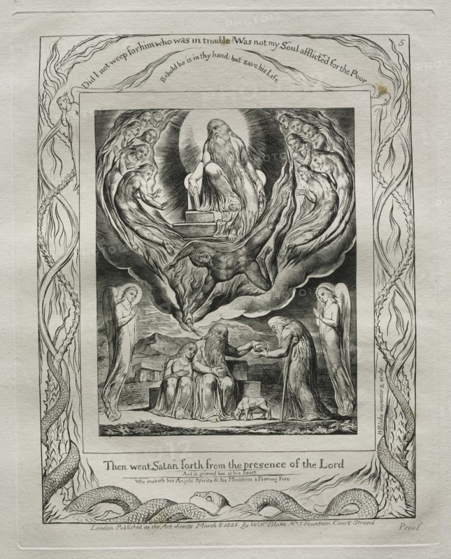 The Book of Job: Pl. 5, Then went Satan forth from the presence of the Lord, 1825. William Blake (British, 1757-1827). Engraving