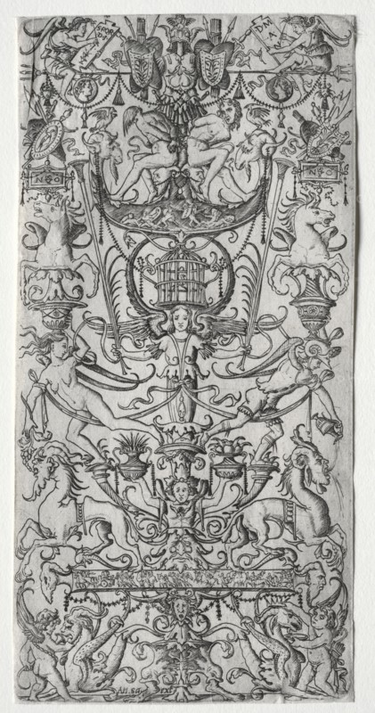 Ornament Panel with a Bird Cage, c. 1500-1512. Nicoletto da Modena (Italian). Engraving; image: 26.2 x 12.9 cm (10 5/16 x 5 1/16 in.)