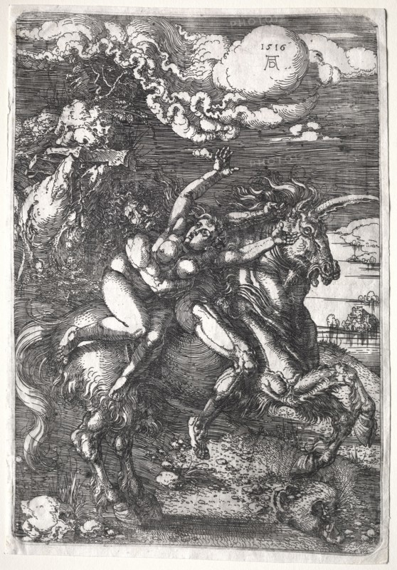 The Abduction on a Unicorn, 1516. Albrecht Dürer (German, 1471-1528). Etching