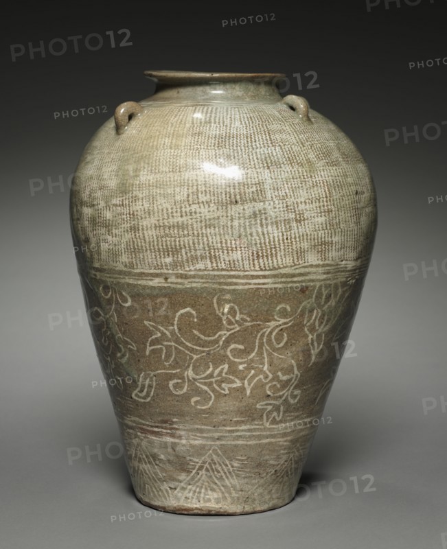 Jar with Scroll Design, 1400s. Korea, Joseon dynasty (1392-1910). Buncheong ware with incised, stamped, and slip-inlaid decoration; overall: 37.6 cm (14 13/16 in.).