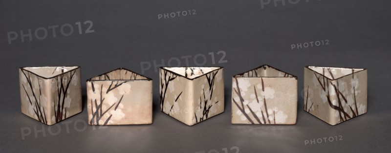 Set of Five Serving Bowls (Mukozuke) with Prunus Design, 1700s-1800s. School of Ogata Kenzan (Japanese, 1663-1743). Kyoto Ware: stoneware with underglaze iron oxide and slip decoration; overall: 6.9 cm (2 11/16 in.); each side: 9 cm (3 9/16 in.).