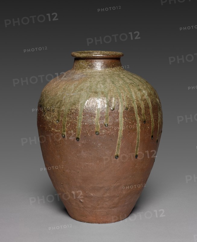Water Jar:  Ko Tamba ware, mid 1500s. Japan, Hyogo and Kyoto Prefectures, (formerly Tamba Province), Muromachi Period (1392-1573). Stoneware with natural green ash glaze; overall: 44.3 x 34.9 cm (17 7/16 x 13 3/4 in.).
