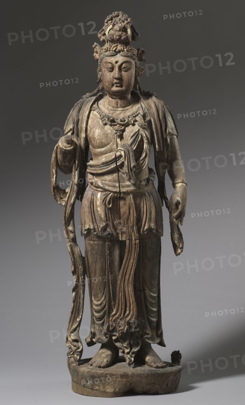 Standing Bodhisattva, 1200s. China, Jin dynasty (1115-1234). Wood with traces of polychromy and gold leaf; overall: 146.1 x 57.2 cm (57 1/2 x 22 1/2 in.).