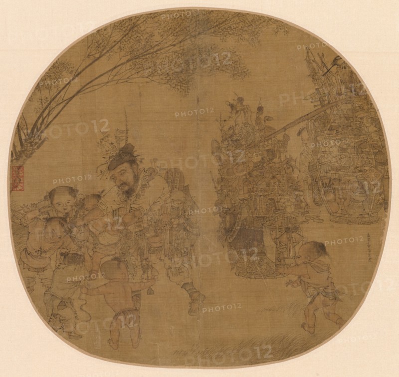 The Knickknack Peddler, 1212. Li Song (Chinese, active c. 1190-c. 1230). Album leaf, ink and color on silk; image: 24.1 x 26 cm (9 1/2 x 10 1/4 in.); with mat: 33.3 x 40.5 cm (13 1/8 x 15 15/16 in.).