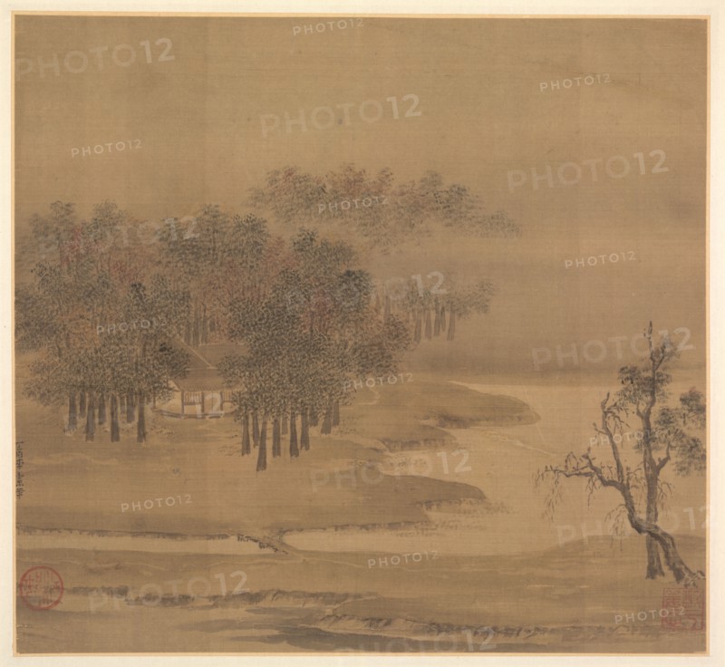 Cottages in a Misty Grove in Autumn, 1117. Li Anzhong (Chinese, active first half of the 1100s). Album leaf, ink and color on silk; overall: 24.2 x 26.3 cm (9 1/2 x 10 3/8 in.).