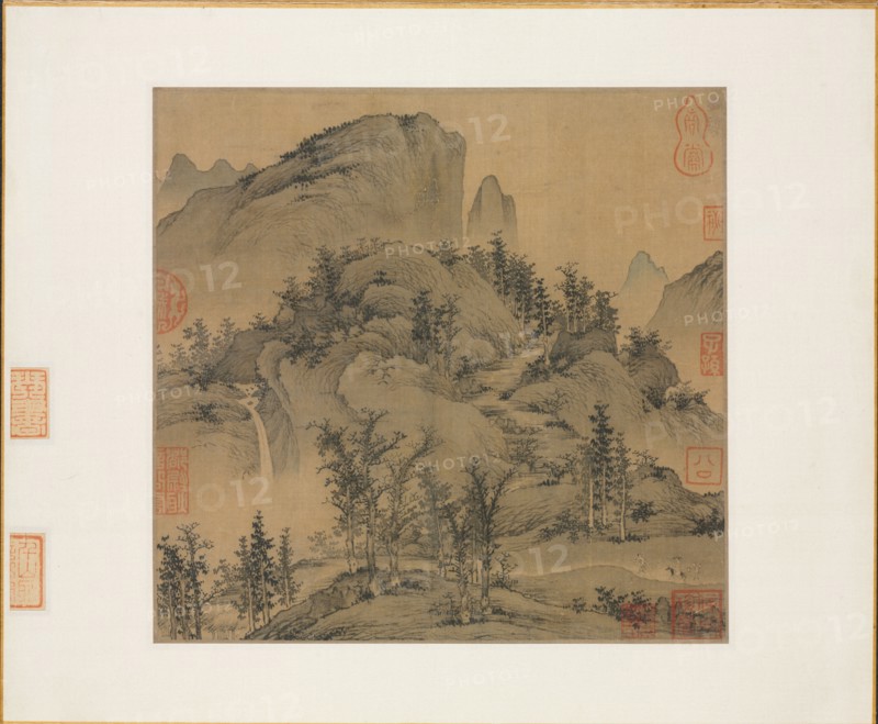 Travelers in Autumn Mountains, 1st half 1300s. Sheng Mou (Chinese, active c. 1310-1350). Album leaf, ink and slight color on silk; image: 24.4 x 26.5 cm (9 5/8 x 10 7/16 in.).