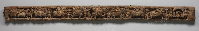 Narrative Frieze:  Dignitaries in Palanquin and Bullock Cart -  Architrave from a Jain Temple, 1500s-1600s. India, Gujarat, 16th-17th century. Wood with traces of color; overall: 20.4 x 257.7 x 12.8 cm (8 1/16 x 101 7/16 x 5 1/16 in.).