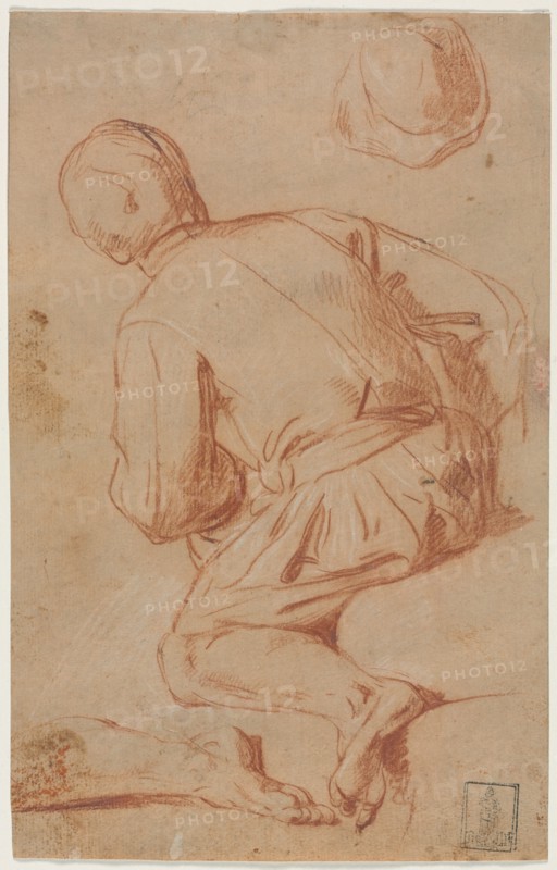 Rear View of Seated Man, late 1600s?. Carlo Vimercati (Italian, 1660-1715). Red chalk heightened with white chalk; sheet: 27.8 x 17.8 cm (10 15/16 x 7 in.).