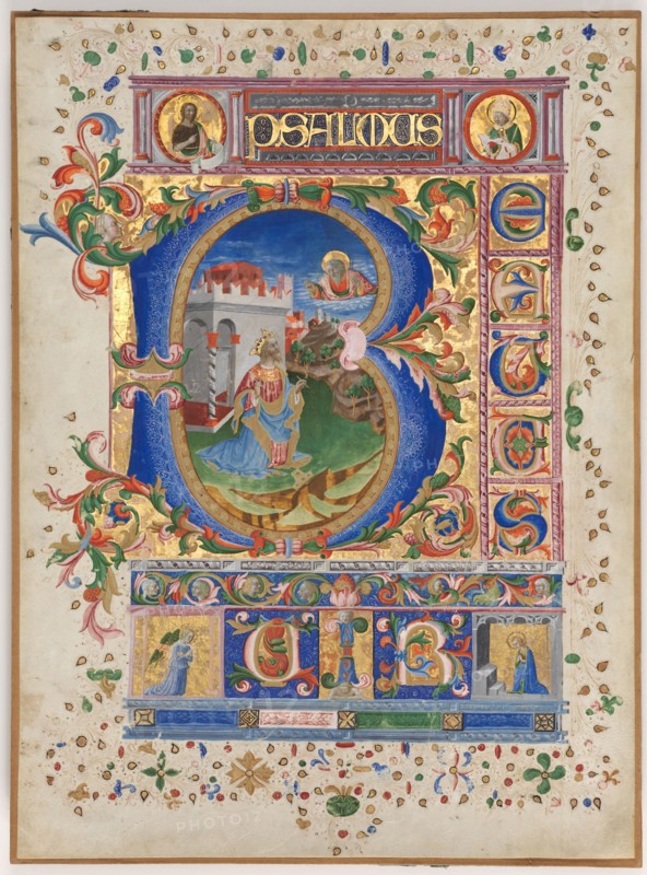Leaf from a Psalter with Historiated Initial (B): King David, c. 1450. Italy, Florence, 15th century. Ink, tempera, and gold on parchment; sheet: 45.7 x 34.3 cm (18 x 13 1/2 in.)