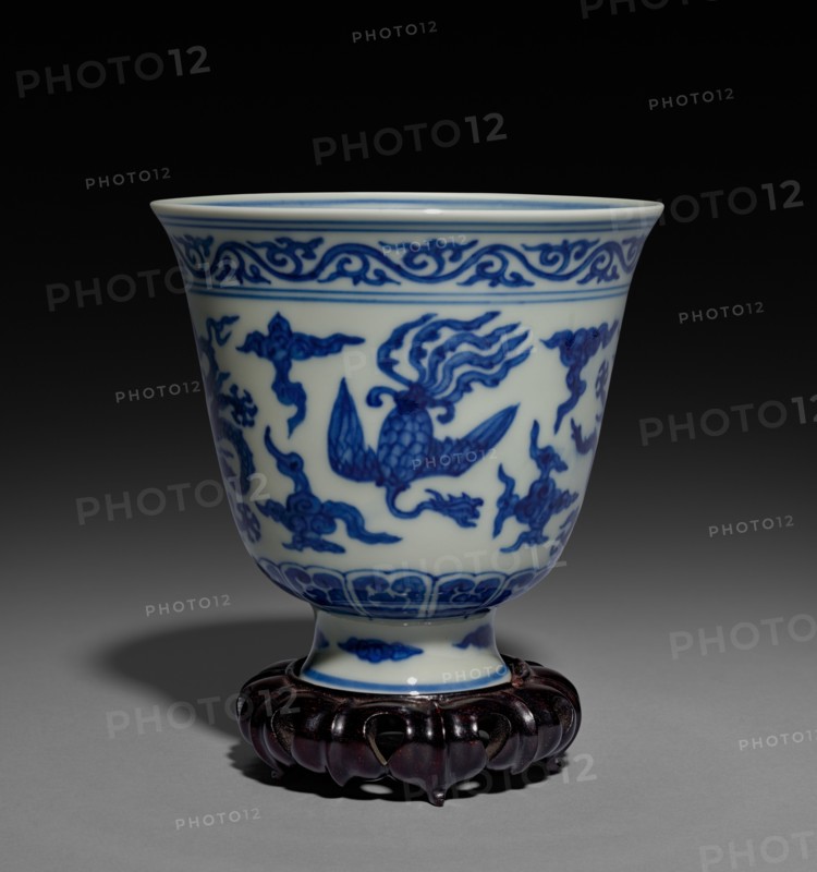 Cup with Dragons and Phoenixes, 1522-1566. China, Jiangxi province, Jingdezhen kilns, Ming dynasty (1368-1644), Jiajing mark and reign (1521-1566). Porcelain with underglaze blue decoration; diameter: 11 cm (4 5/16 in.); overall: 10.5 cm (4 1/8 in.).