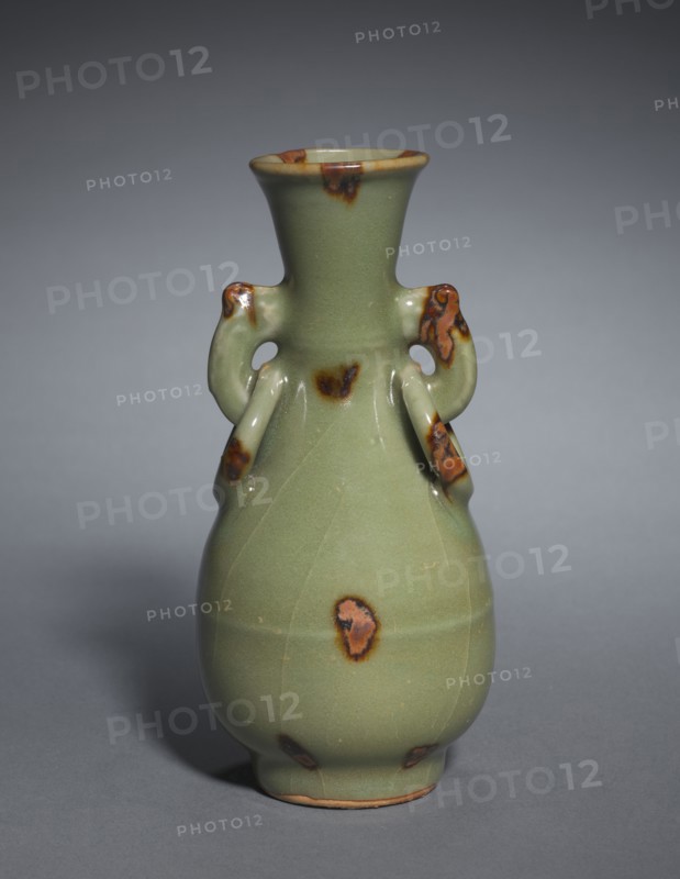 Bottle Vase with Ornamental Ring Handles:  Longquan Ware, 14th Century. China, Zhejiang province, Yuan dynasty (1271-1368). Glazed porcelain with molded decoration and iron spots; diameter: 7.6 cm (3 in.); overall: 16.2 cm (6 3/8 in.).