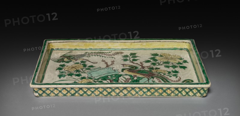 Tray with Phoenixes in Landscape, 1662-1722. China, Jiangxi province, Jingdezhen kilns, Qing dynasty (1644-1912), Kangxi reign (1661-1722). Porcelain with incised and sancai (3-color) enamel decoration; overall: 14 cm (5 1/2 in.).