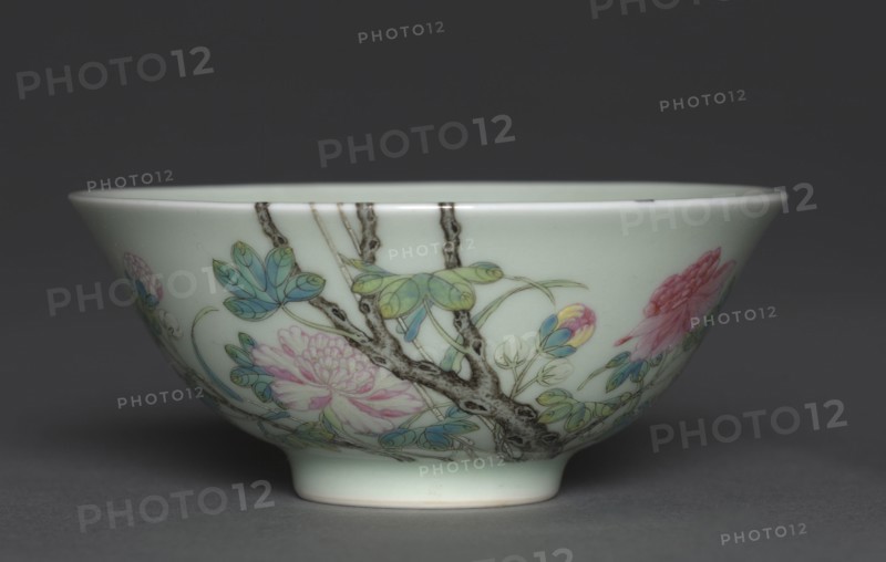 Bowl with Bamboo, Tree Peony, and Swallow, 1723-1735. China, Jiangxi province, Jingdezhen, Qing dynasty (1644-1912), Yongzheng mark and reign (1723-1735). Porcelain with famille rose overglaze enamel decoration and celadon glaze; diameter: 11.8 cm (4 5/8 in.).