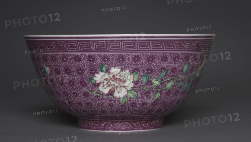 Bowl with Peony Sprays on Diaper Ground (exterior); Chrysanthemum Sprays (interior), 1736-1795. China, Jiangxi province, Jingdezhen, Qing dynasty (1644-1911), Qianlong mark and reign (1736-1795). Porcelain with famille rose overglaze enamel decoration; diameter: 15.5 cm (6 1/8 in.); overall: 7.6 cm (3 in.).