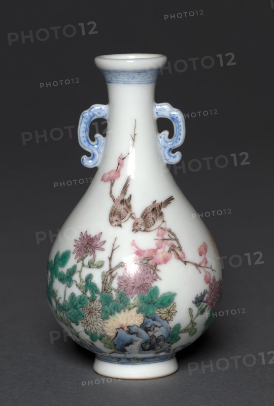 Pair of Miniature Vases with Birds and Chrysanthemums, 1736-1795. China, Jiangxi province, Jingdezhen kilns, Qing dynasty (1644-1912), Qianlong mark and reign (1735-1795). Porcelain with famille rose overglaze enamel decoration; diameter of mouth: 2.1 cm (13/16 in.); overall: 9.5 cm (3 3/4 in.).