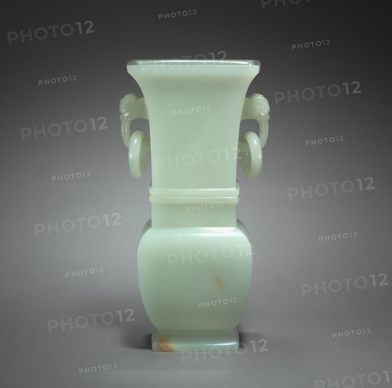 Vase in the Form of Archaic Hu, 1700s. China, Qing dynasty (1644-1911). Pale greenish-white jade with brown markings; overall: 14.4 cm (5 11/16 in.).