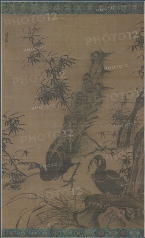 A Pair of Peafowl, late 1400s-early 1500s. Lin Liang (Chinese, 1416-1480). Hanging scroll, ink on silk; painting: 160 x 106 cm (63 x 41 3/4 in.); overall: 256.5 x 126 cm (101 x 49 5/8 in.).