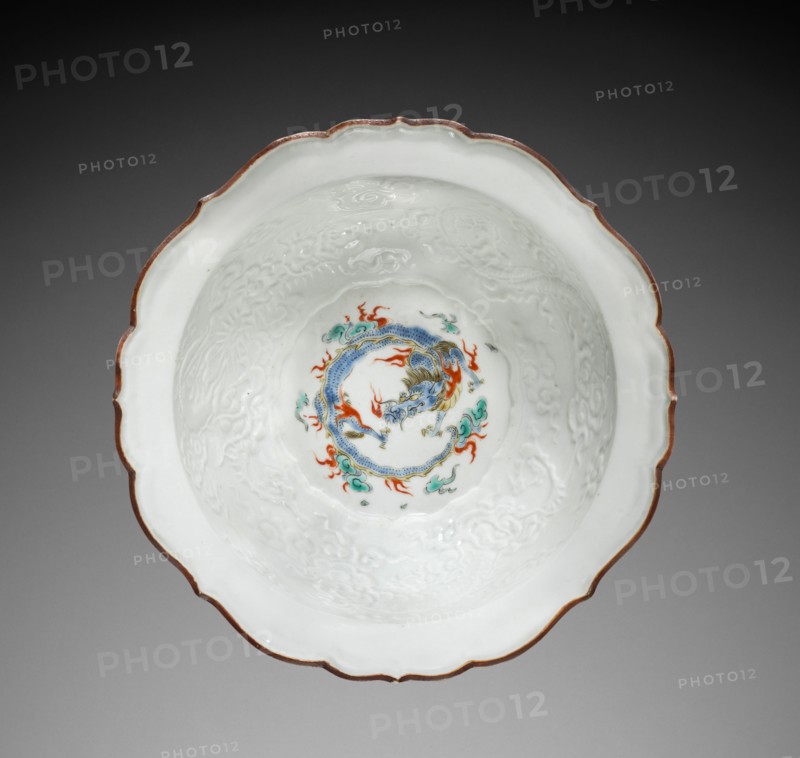 Deep Bowl with Dragons, 1700s. Japan, Edo Period (1615-1868). Porcelain with overglaze enamel and molded decoration (Kakiemon type); diameter: 20.6 cm (8 1/8 in.); overall: 8 cm (3 1/8 in.).