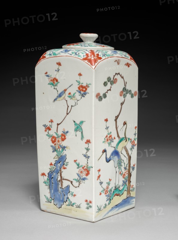 Square Jar with Birds in a Flowering Landscape, late 1600s. Japan, Edo Period (1615-1868), late 17th century. Porcelain with overglaze color enamels and gold (Hizen ware, Kakiemon type); overall: 27.8 x 11.6 cm (10 15/16 x 4 9/16 in.).