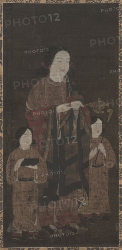 Shotoku Taishi and His Sons, 1300s. Japan, Kamakura period (1185-1333). Hanging scroll; ink and color on silk; image: 121.9 x 57.5 cm (48 x 22 5/8 in.); overall: 207.3 x 83.2 cm (81 5/8 x 32 3/4 in.).