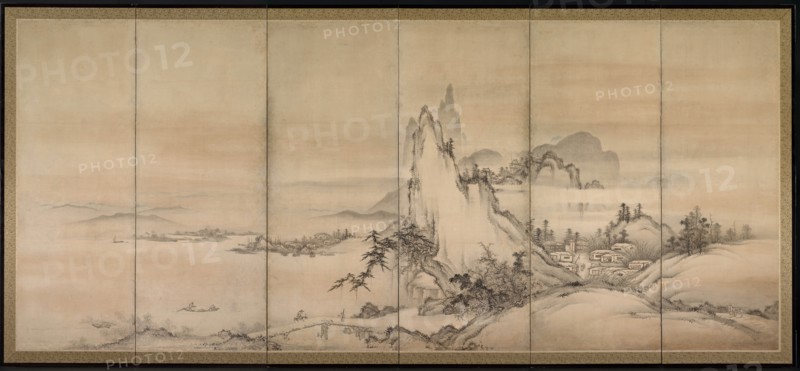 Chinese Landscape, 1500s. Japan, Muromachi period (1392-1573). One of a pair of six-fold screens; ink and slight color on paper; image: 155.5 x 357.8 cm (61 1/4 x 140 7/8 in.); overall: 171.5 x 373.4 cm (67 1/2 x 147 in.); closed: 171.5 x 63.5 x 11 cm (67 1/2 x 25 x 4 5/16 in.).